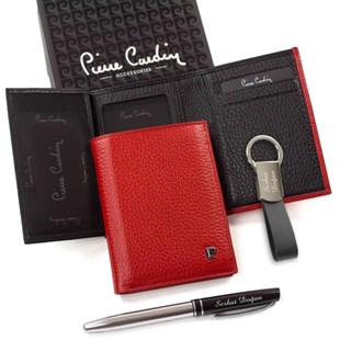 Pierre Cardin Deri Cüzdan İsme Özel Anahtarlık ve Kalem Seti Kırmızı İçi Siyah P2831K