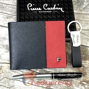 Pierre Cardin Deri Cüzdan İsme Özel Anahtarlık ve Kalem Seti Siyah - Kırmızı P2664SK