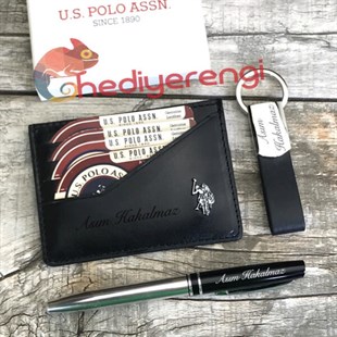U.S. Polo Assn. İsme Özel Deri Kartlık Cüzdan Kalem ve Anahtarlık Seti